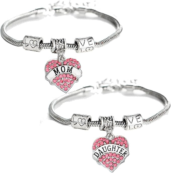 Set of 2 Crystal Heart Mom Daughter Charm Bracelet Jewelry Gift for Mother and Daughter | Amazon (US)