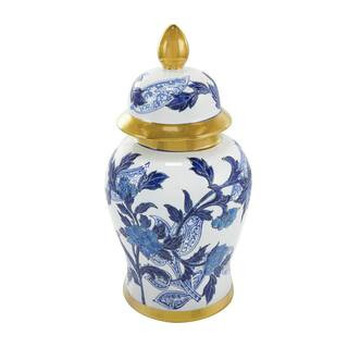 14 in. Blue Ceramic Floral Decorative Jars with Cream and Gold Accents | The Home Depot