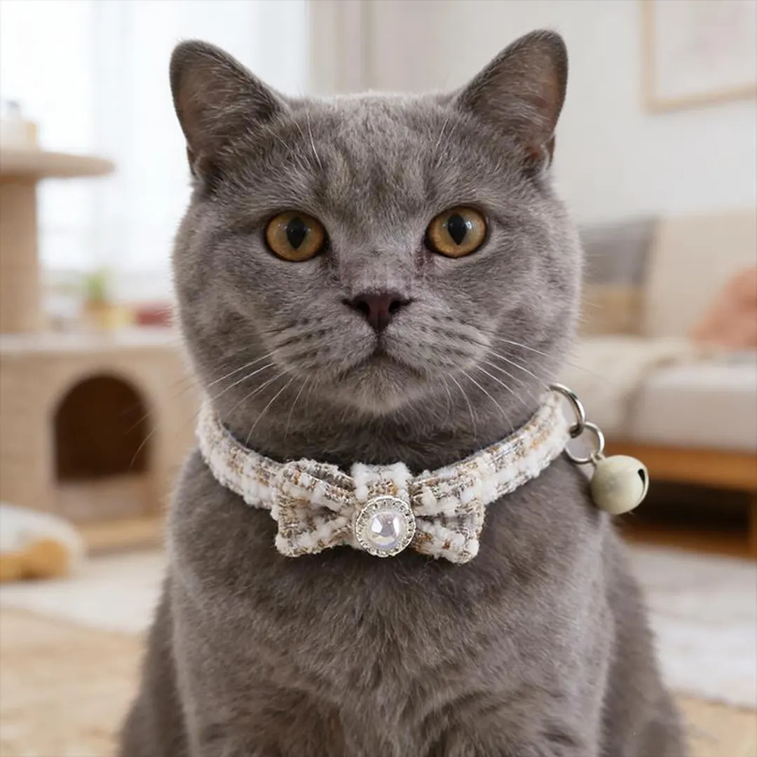 Tweed Bow Cat Collar With Rhinestone & Bell | Adjustable Kitten Collar, Cute Luxury Pet Collar fo... | Etsy (US)