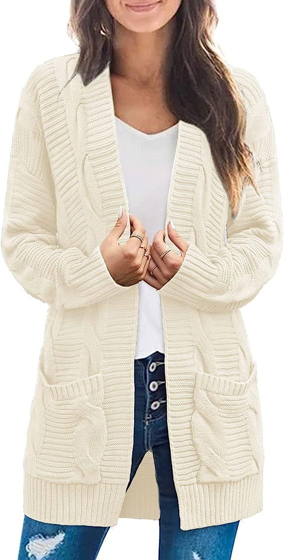 MEROKEETY Women's Long Sleeve Cable Knit Cardigan Sweaters Open Front Fall Outwear Coat | Amazon (US)