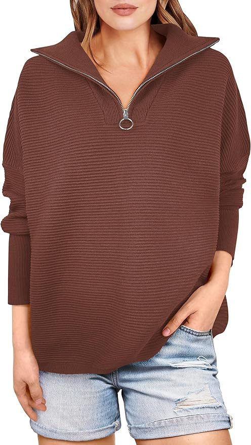 ANRABESS Women Quarter Zip Oversized Casual Loose Rib Knit Cozy Pullover Sweaters Top 2025 Fall F... | Amazon (US)