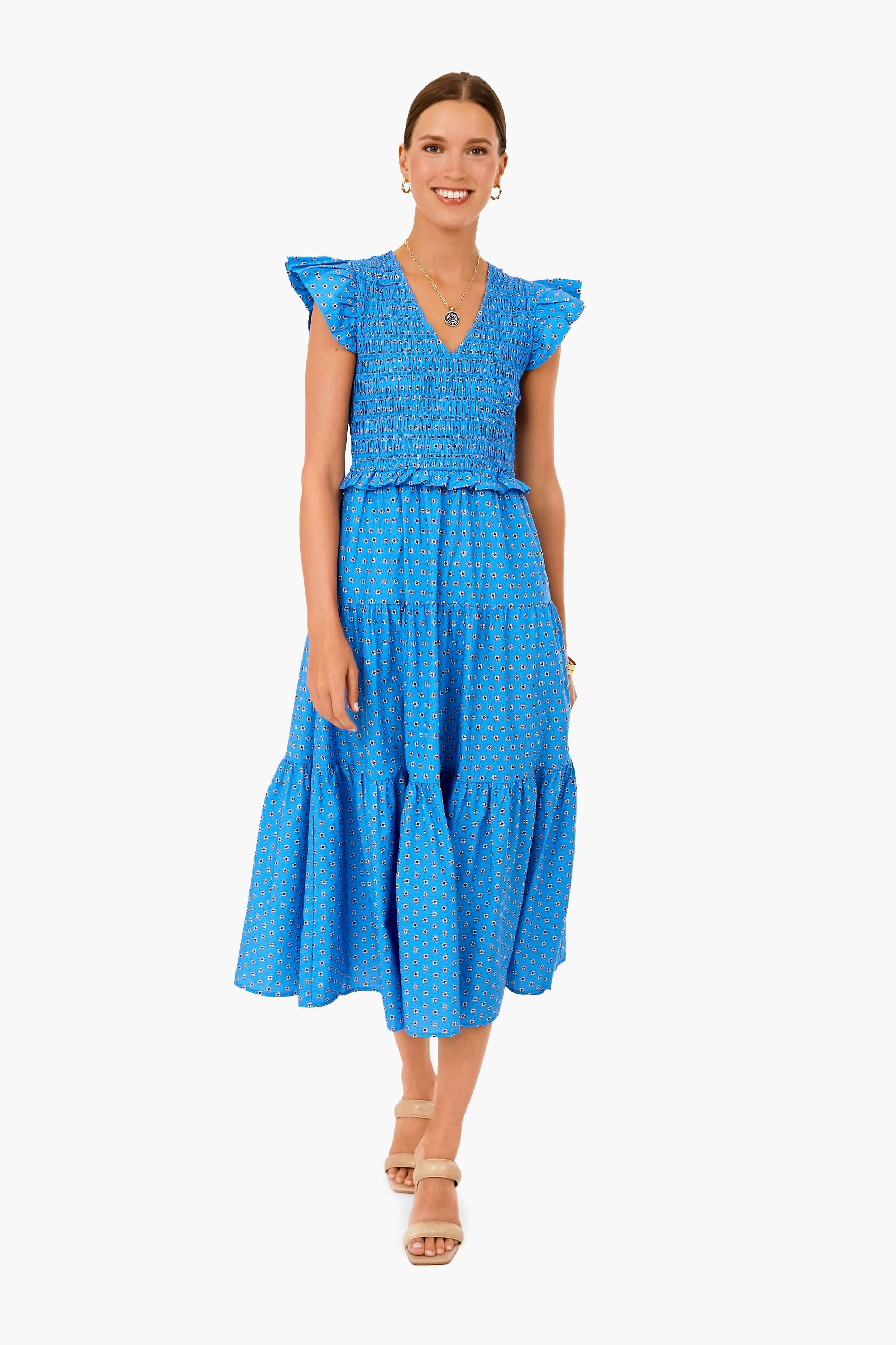 Exclusive Blue Pascala Print Smocked Tiered Midi Dress | Tuckernuck (US)