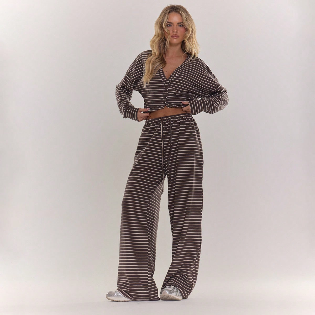 MUSERA Wide Leg High Waist Drawstring Stripe Co-Ord Trousers Only Fall Autumn Cosy Cute Casual Chic Two Pieces Lounge Set Comfortable Coffee Club | SHEIN