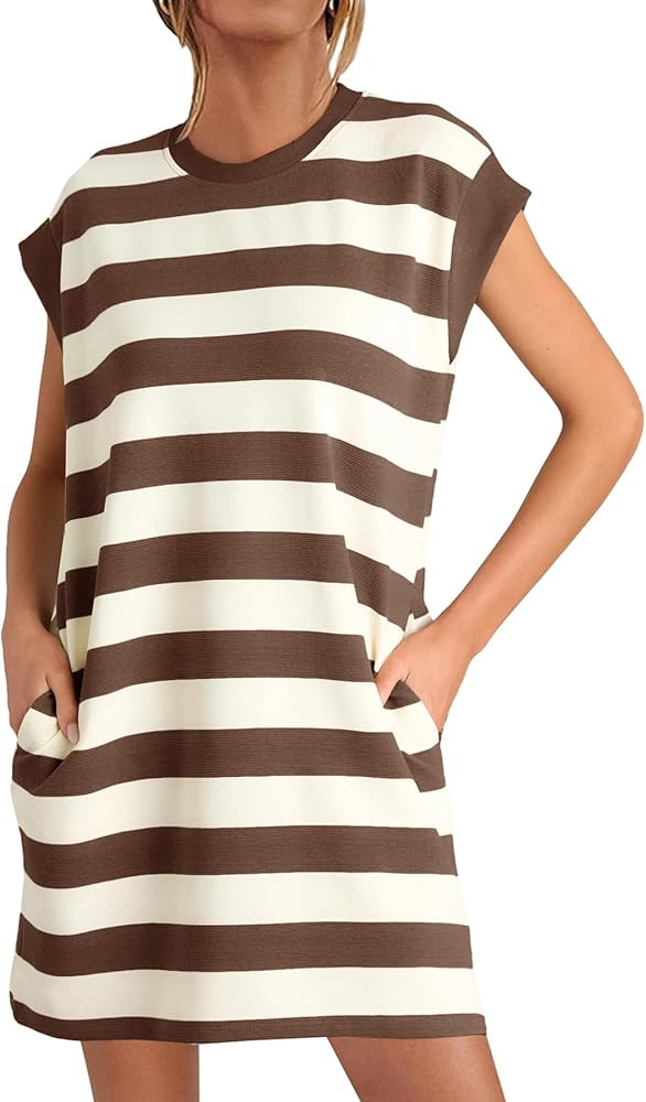 MITILLY Womens Striped Casual Summer Dresses Crewneck Cap Sleeve Color Block Shift Tshirt Short D... | Amazon (US)