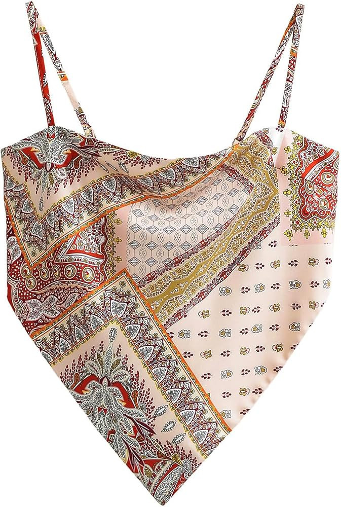 VividMosaic Women's Paisley Satin Bandana Top Hanky Hem Tie Back Cami Tops | Amazon (US)