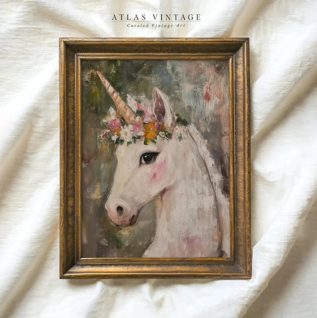 Vintage Floral Unicorn Print, Whimsical Unicorn Painting Printable Wall Art, Fantasy Nursery East... | Etsy (US)