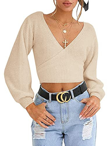 Cross Front Sweater for Women Sexy V Neck Long Sleeves Knit Tops Apricot S | Amazon (US)