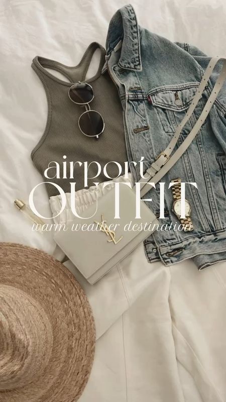 Warm weather destination airport outfit! 
I’m just shy of 5’7 wearing the size MEDIUM denim jacket, size SMALL tank, and XS pants. #StylinbyAylin 

#LTKunder100 #LTKstyletip #LTKtravel