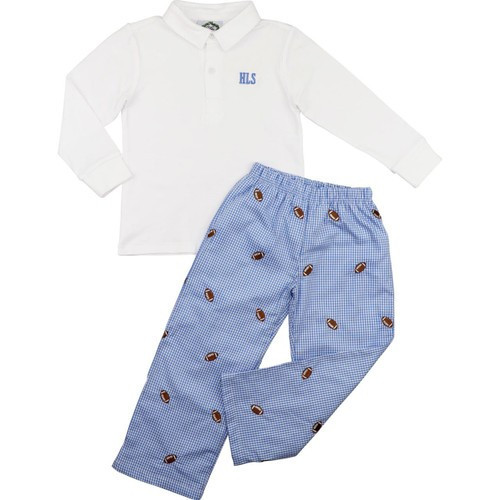 Blue Gingham Embroidered Football Polo Pant Set | Cecil and Lou