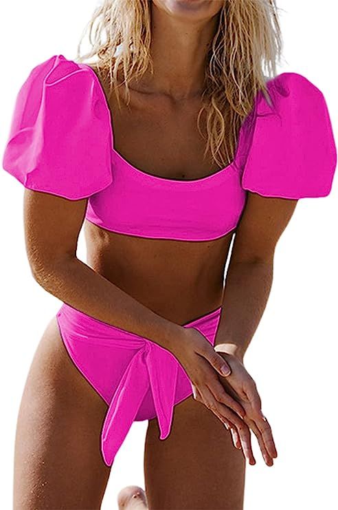 Avanova Women's High Waist Bikini Set 2 Piece Puff Sleeve Swimsuit Tie Back Bathing Suits | Amazon (US)