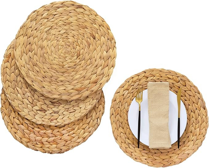 Artera Round Woven Placemats - Set of 4, Natural Wicker Placemats, Water Hyacinth Straw Braided P... | Amazon (US)