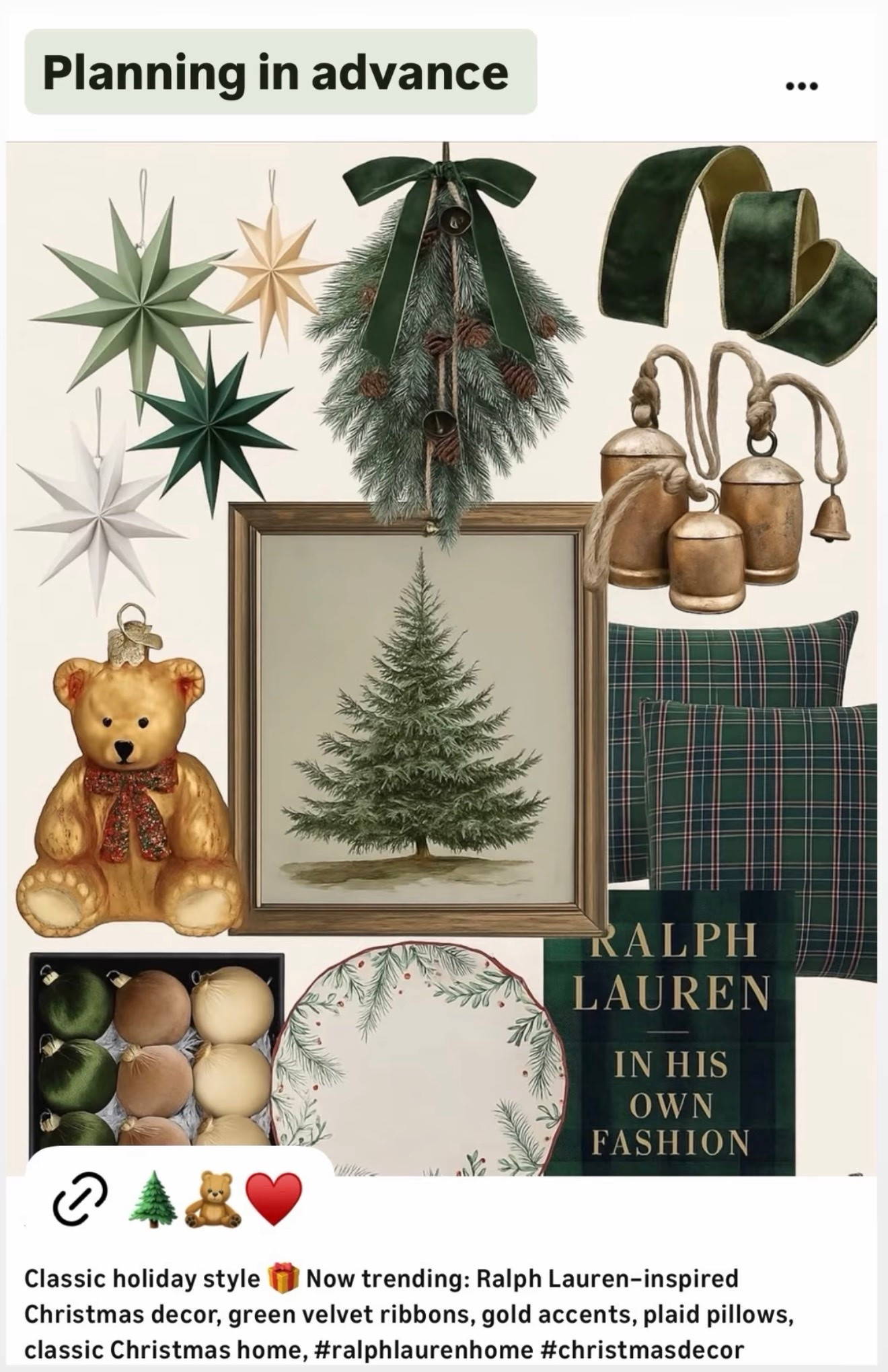 Classic holiday style 🎁 Now trending: Ralph Lauren–inspired Christmas decor, green velvet ribbons, gold accents, plaid pillows, classic Christmas home, #RalphLaurenChristmas #christmasdecor