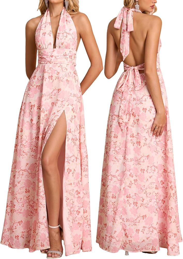 XinFSh Women\u2019s Summer Halter Flowy Wedding Guest Maxi Dress | Amazon (US)
