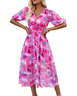 Womens Flowy Smocked Elastic Waist Short Sleeve V Neck Floral Midi Dress Casual Spring Summer Sun... | Amazon (US)