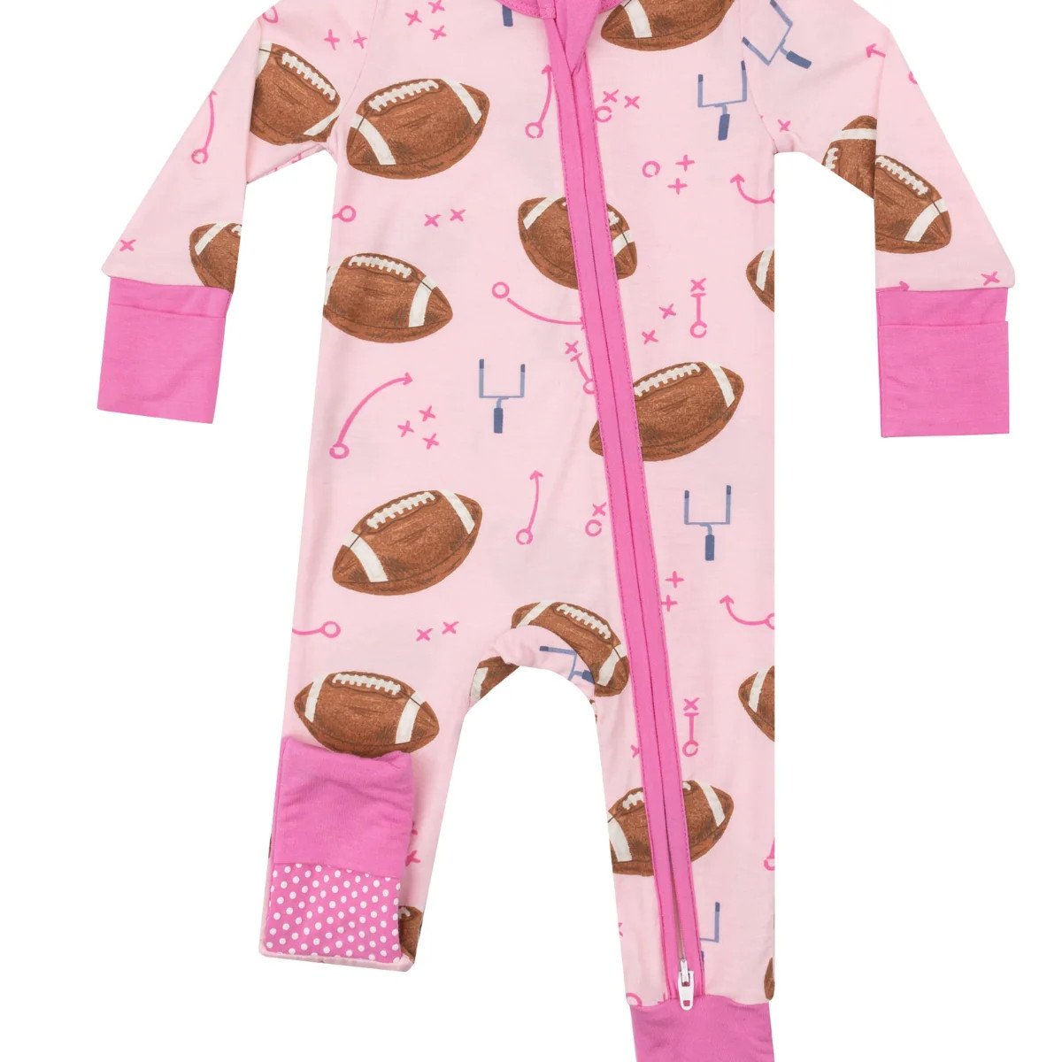 2-Way Zip Romper, Footballs Pink | SpearmintLOVE