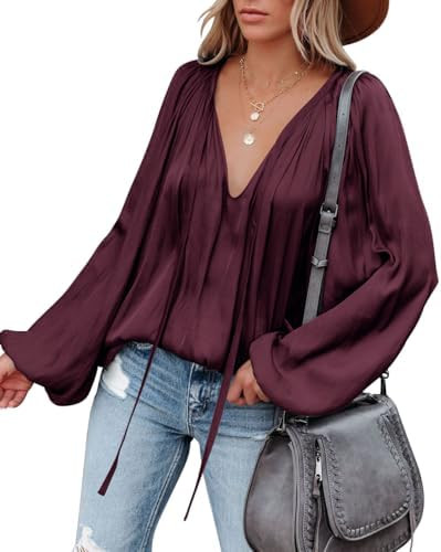 LAMISSCHE Womens Sexy Deep V Neck Blouse Lantern Long Sleeve Chiffon Shirt Oversized Drawstring S... | Amazon (US)