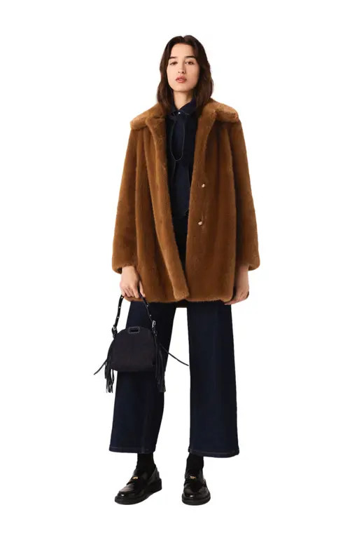 maje Mid-length faux fur coat in Brown at Nordstrom, Size 40 Eu | Nordstrom