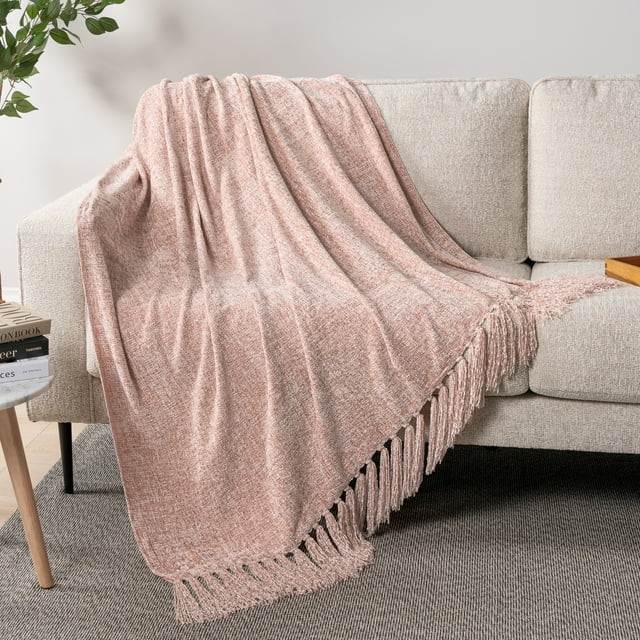 PAVILIA Blush Pink Chenille Throw Blanket for Couch, Soft Light Pink Knit Blanket with Tassel Fri... | Walmart (US)