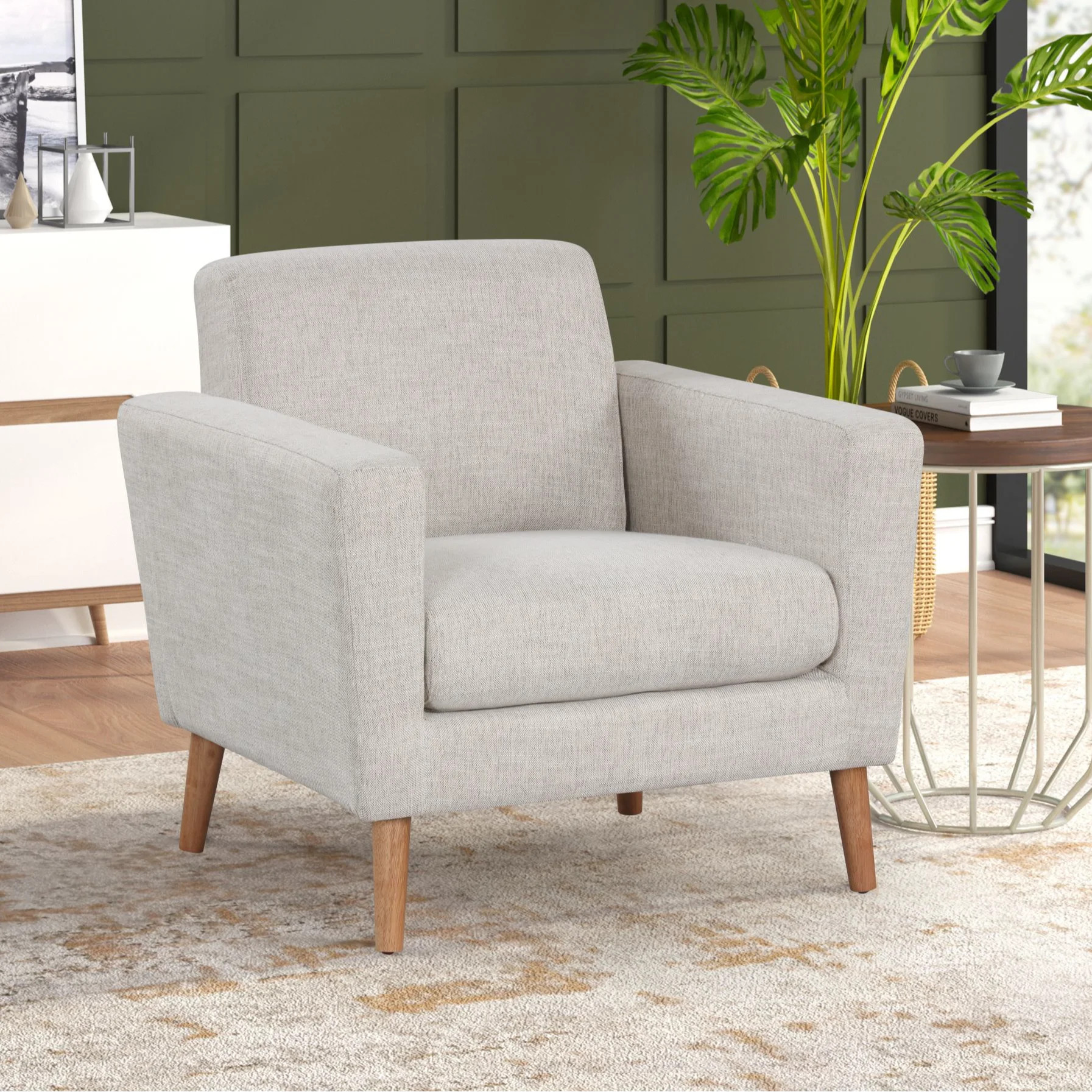 Mainstays Square Arm Accent Chair With Rubber Wood Legs, Beige Linen Fabric | Walmart (US)