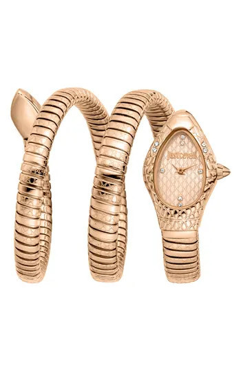 Just Cavalli Snake Wraparound Bracelet Watch, 20mm x 34.5mm in Rose Gold at Nordstrom Rack | Nordstrom Rack