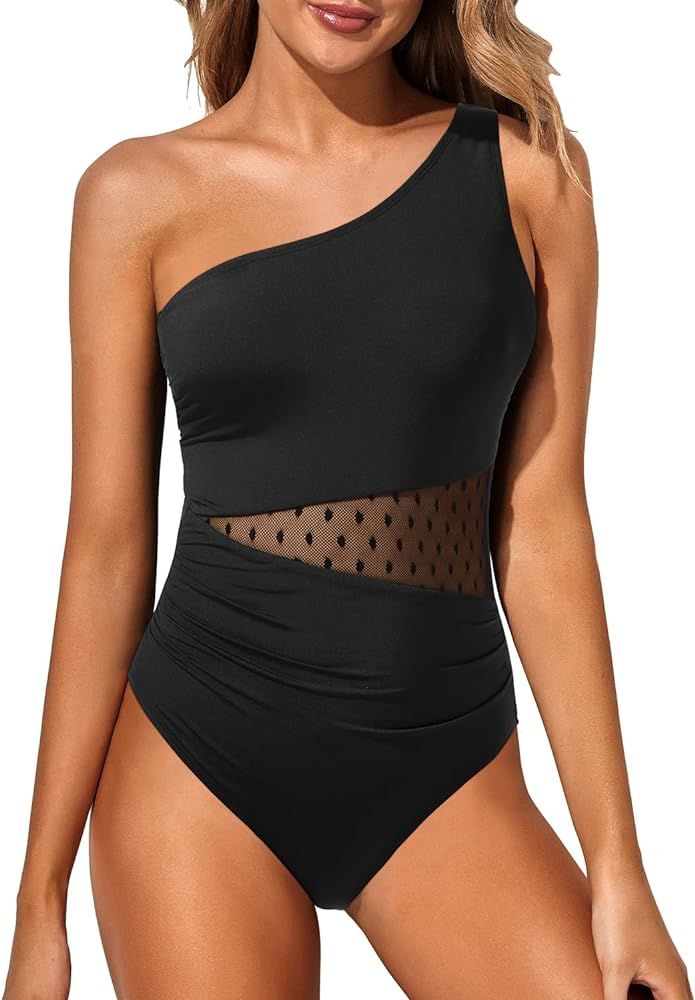 Yonique Women One Piece One Shoulder Swimsuit Tummy Control Bathing Suit Mesh Swimwear | Amazon (US)