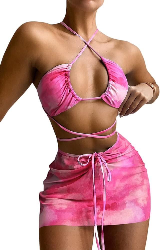 Romwe Women's 3 Pack Tie Dye Criss Cross Halter Cheeky Bikini Swimsuit with Beach Skirt | Amazon (US)