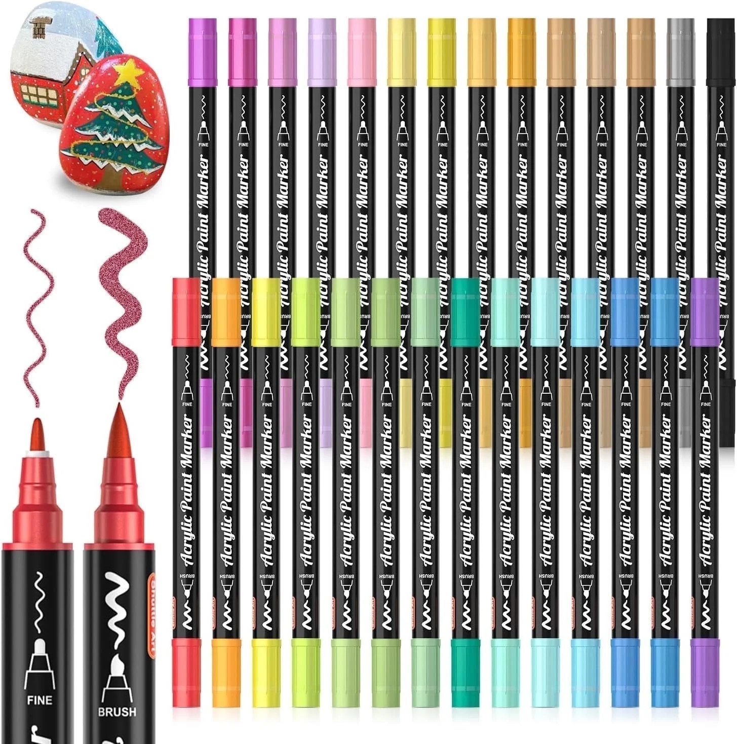 28 Metallic Colors Dual Tip Acrylic Paint Markers, Brush Tip and Fine Tip Acrylic Paint Pens for ... | Walmart (US)