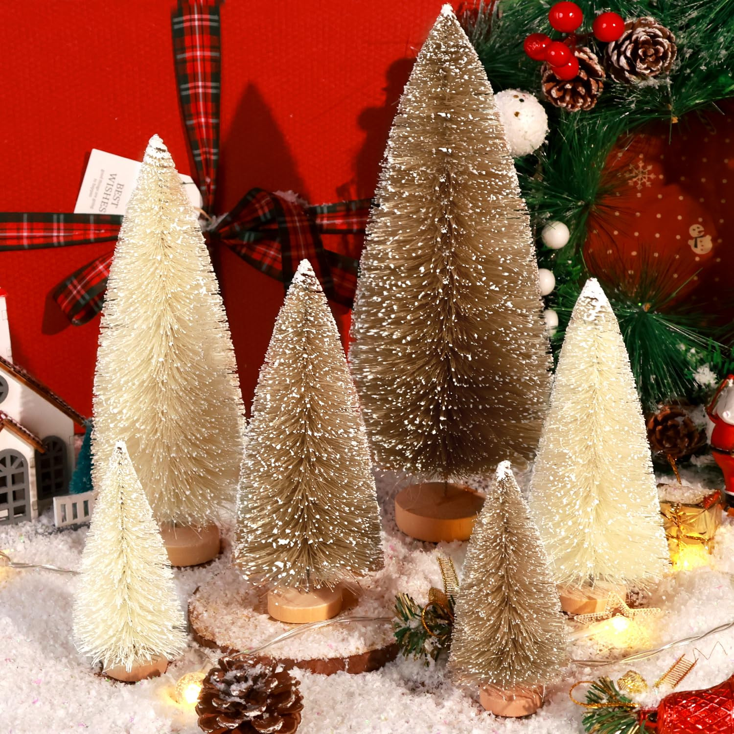 Hatisan 6pcs Mini Christmas Trees Decorations Small Bottle Brush Trees with Wooden Base, Artifici... | Amazon (US)