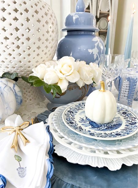 Blue and white fall table setting. 

Fall tablescape
Chinoiserie 
White pumpkins



#LTKhome #LTKSeasonal #LTKunder50