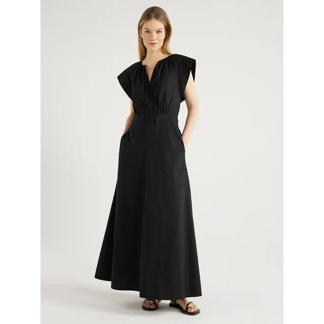 Scoop Women's Tie Neck Poplin Maxi Dress with Pockets, Sizes XS-XXL | Walmart (US)