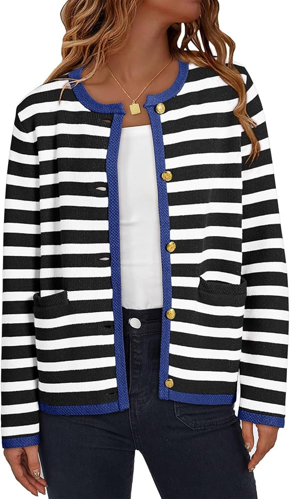 Dokotoo Women's 2026 Fashion Casual Crew Neck Open Front Long Sleeve Chunky Knit Striped Cardigan... | Amazon (US)