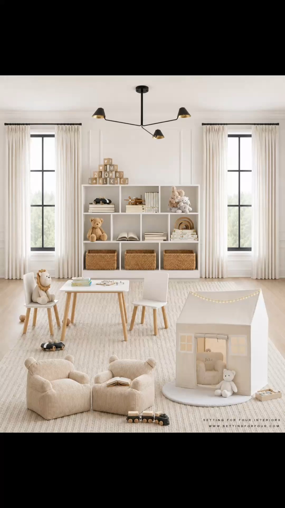 Neutral modern playroom for the kids! Designer picks. Neutral aesthetic, bonus room, playroom storage, play table and chairs, play tent, reading nook, kids chairs, nap time, cube organizer, curtains, organic modern, transitional, Restoration Hardware style, Crate & Barrel Kids, Pottery Barn kids, Amazon home, luxury, elevated

#LTKkids #LTKhome #LTKsale