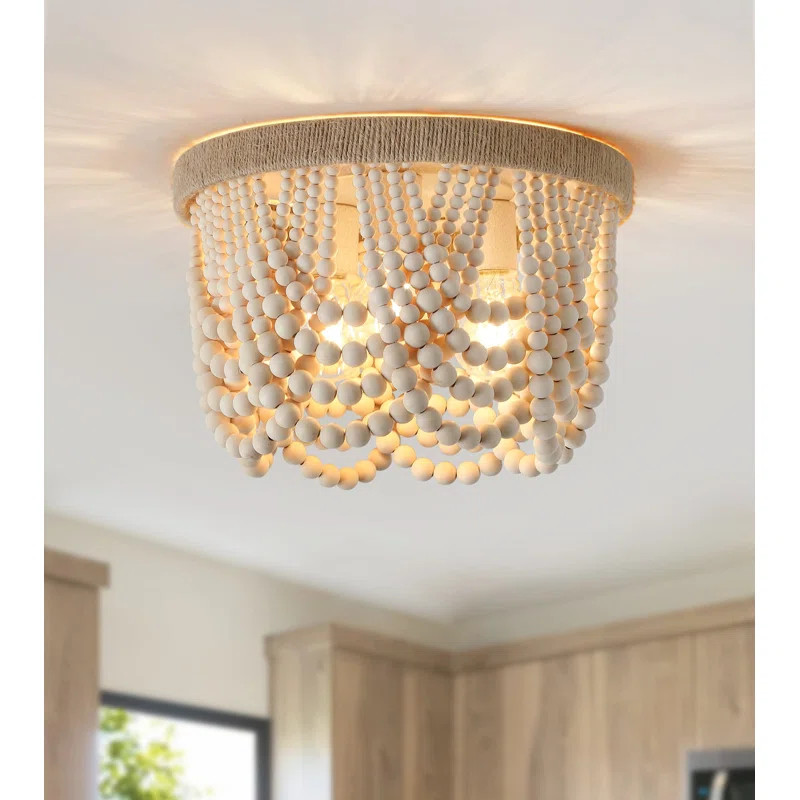 Wood Beaded Flush Mount Ceiling Light Farmhouse Rustic Small Boho Chandelier Light Fixture 3-Ligh... | Wayfair North America