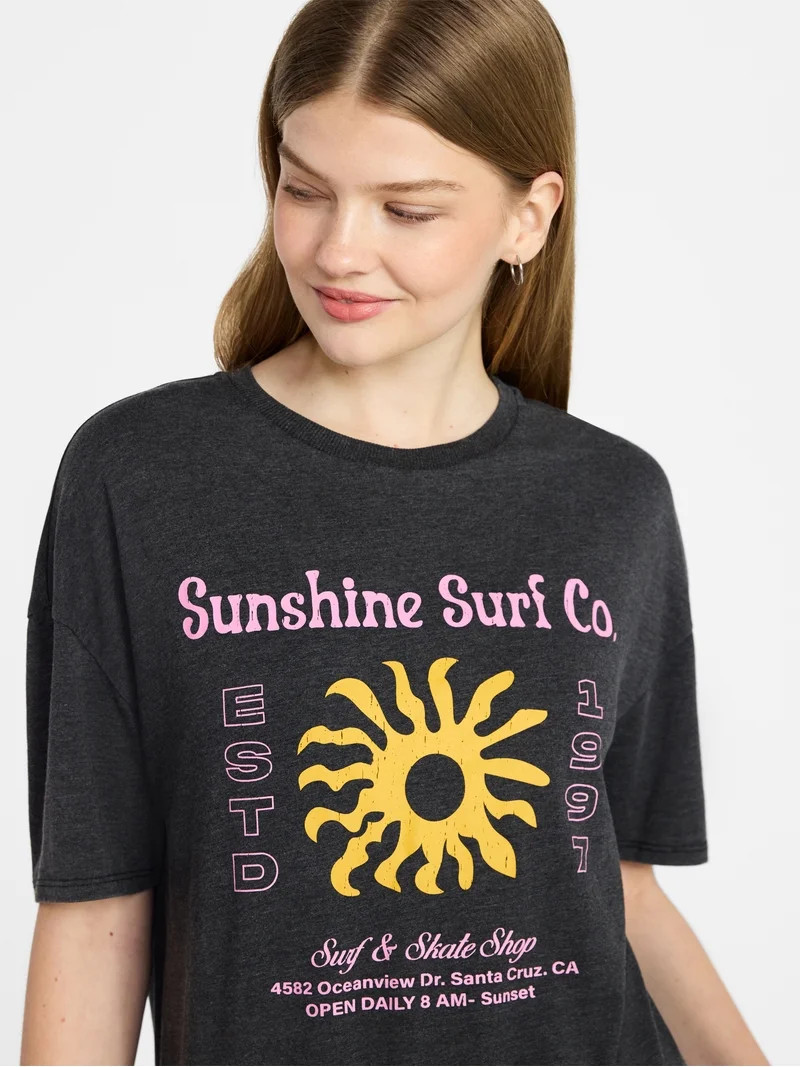 No Boundaries Graphic Oversized Boyfriend Tee, Women's XXS-XXL - Walmart.com | Walmart (US)