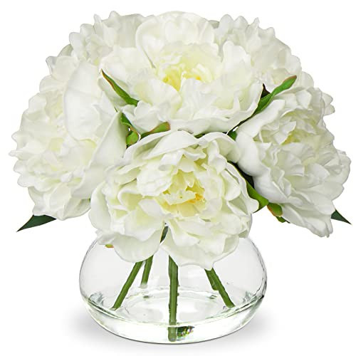 Hollyone Fake Flowers White Peonies Artificial Flowers Faux Flowers with Vase Peony Silk Flower Arrangements in Glass Vase with Faux Water for Home Decor Bathroom Table Centerpiece Shelf Decorations | Amazon (US)
