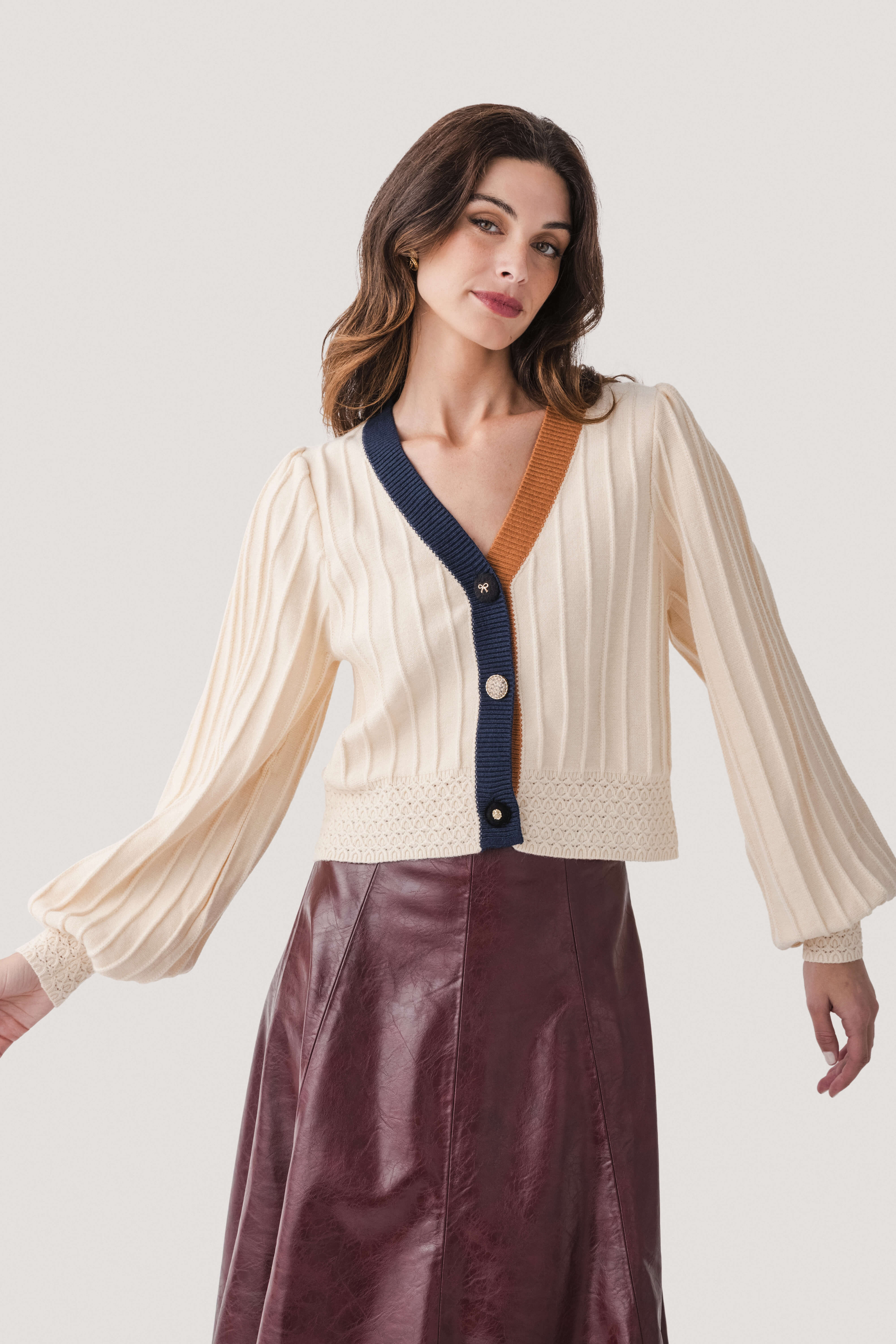 THML Balloon Sleeve Colorblock Knit Cardigan | Social Threads