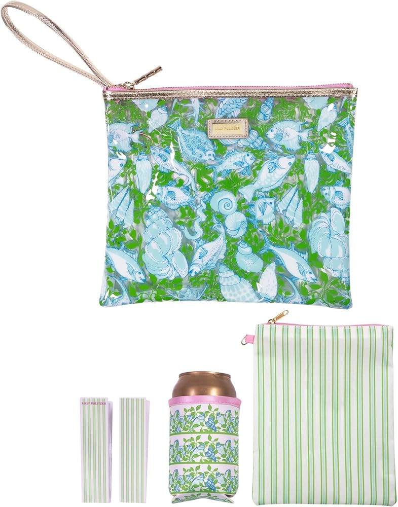 Lilly Pulitzer Water Resistant Vinyl Beach Day Pouch, Zipper Bag Includes Drink Hugger, Small Pou... | Amazon (US)