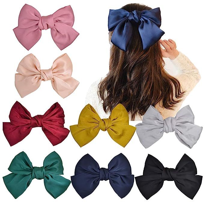 8pcs Large Hair Bows Stain Ribbon Silk Hair Barrettes Bowknot Hair Accessories for Women Girls Te... | Amazon (US)