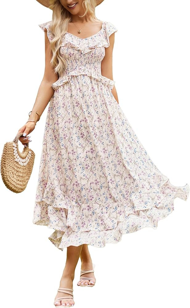 GRACE KARIN Women's 2024 Summer Casual Flowy Floral Sleeveless Dress Ruffle V Neck Layered Long B... | Amazon (US)