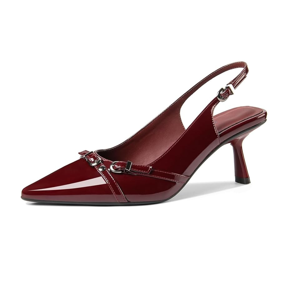 Kitten Heels for Women Closed Pointed Toe Heels Patent Leather Low Heel Slingback Dress Shoes Fea... | Amazon (US)