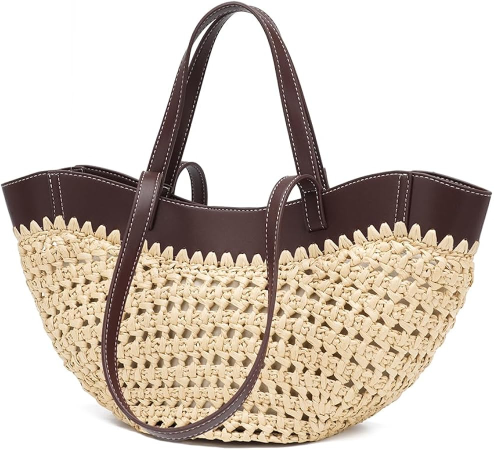 Straw Tote Bag for Women, Woven Summer Beach Bag with Leather Trim & Double Straps, Handmade Mesh Boho Shoulder Bag | Amazon (US)
