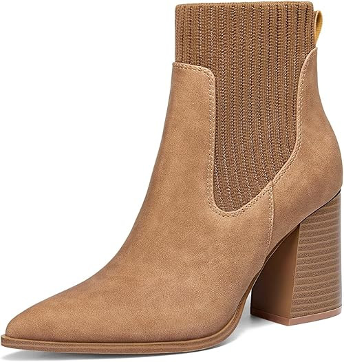 Coutgo Women Ankle Boots Sock Booties Pointed Toe Chunky Stacked High Heel Knit Chelsea Winter Dr... | Amazon (US)