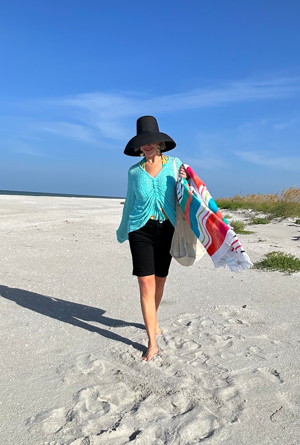 Crochet Top Beach Cloth Drawstring Shirt Cover Up Oversized Sexy Beachwear Lace Up Tee Poncho. Wear as a top with a camisole or tank underneath
Spanx twill shorts in 2 lengths.
Madam Mink hat, fun beach towell

#LTKOver40 #LTKSeasonal #LTKTravel