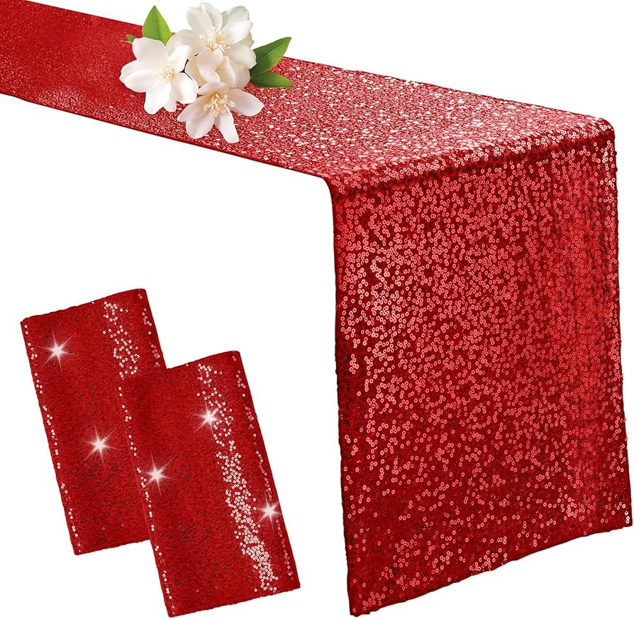 Aormenzy 2 Pack Red Sequin Table Runner 12" x 72", Glitter Sparkle Sequin Runners for Birthday Pa... | Amazon (US)
