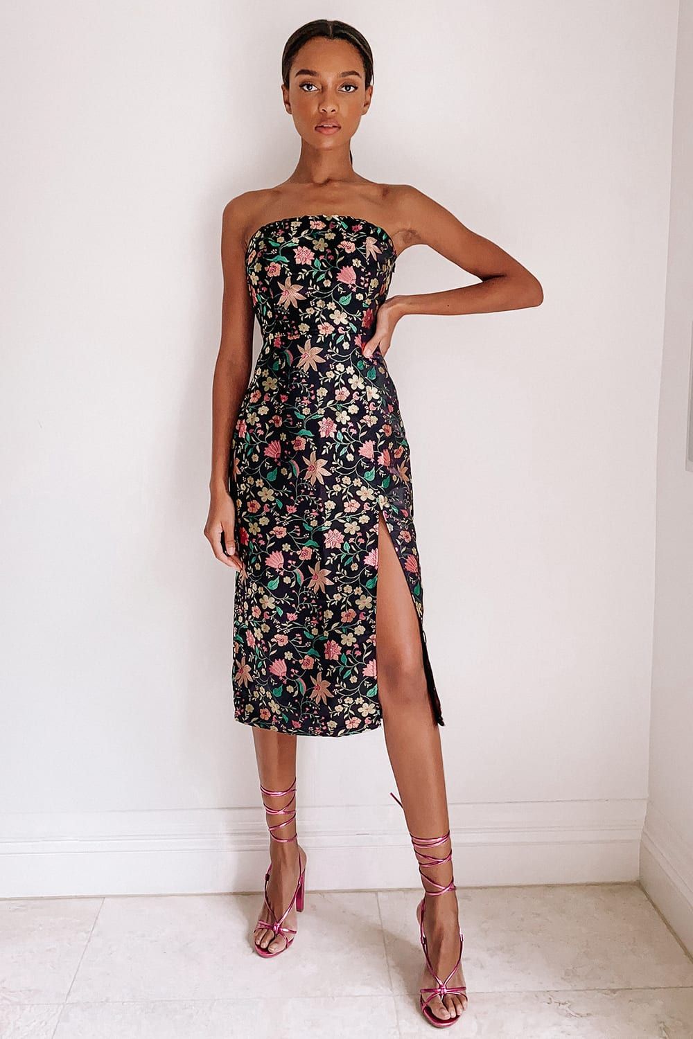 Make a Move Black Satin Floral Jacquard Strapless Midi Dress | Lulus (US)