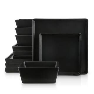 STONE LAIN Black Grace Formal Stoneware Set 12-Piece Square Dinnerware (Set for 4), Black Matte | The Home Depot