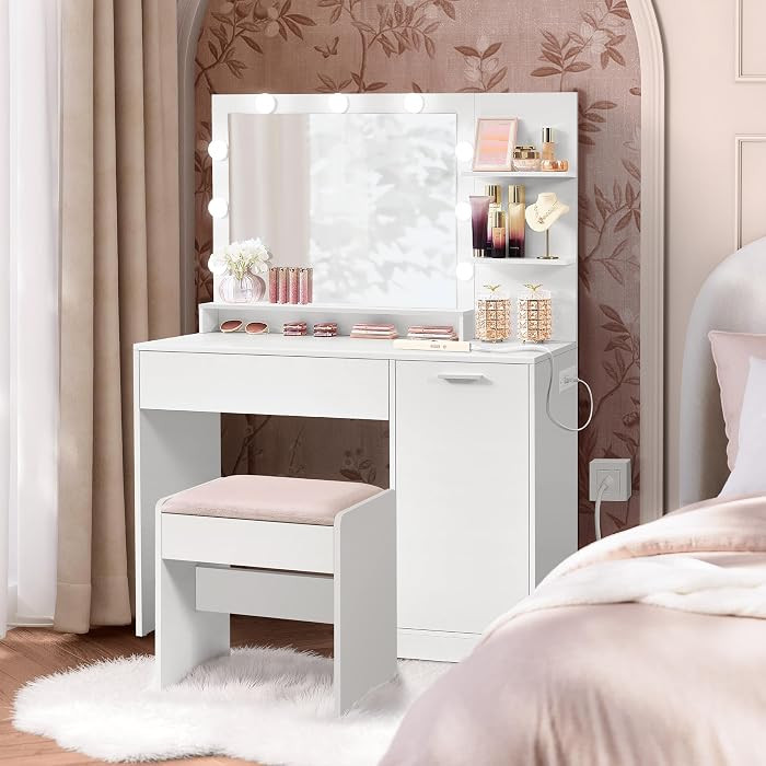VASAGLE Vanity Desk with Mirror and Lights, 43.3-Inch Wide Makeup Vanity with Upholstered Vanity ... | Amazon (US)