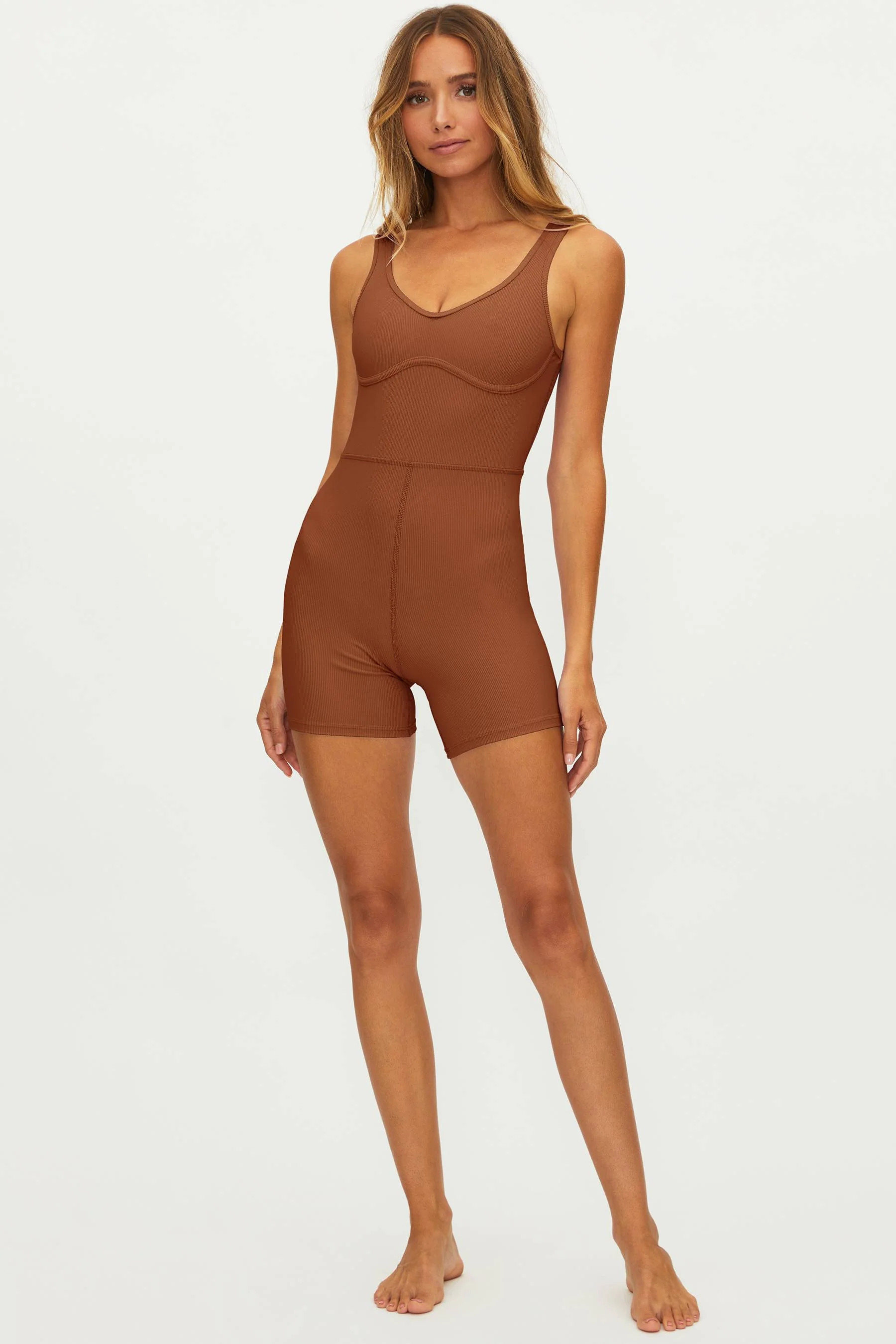 Jada Onesie Cocoa Sands | Brown Ribbed Active Romper | Beach Riot | Beach Riot