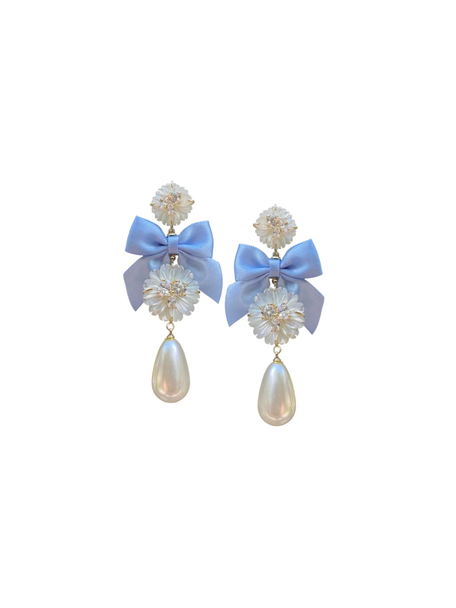 embellished mother of pearl + cornflower blue bow | Nicola Bathie Jewelry