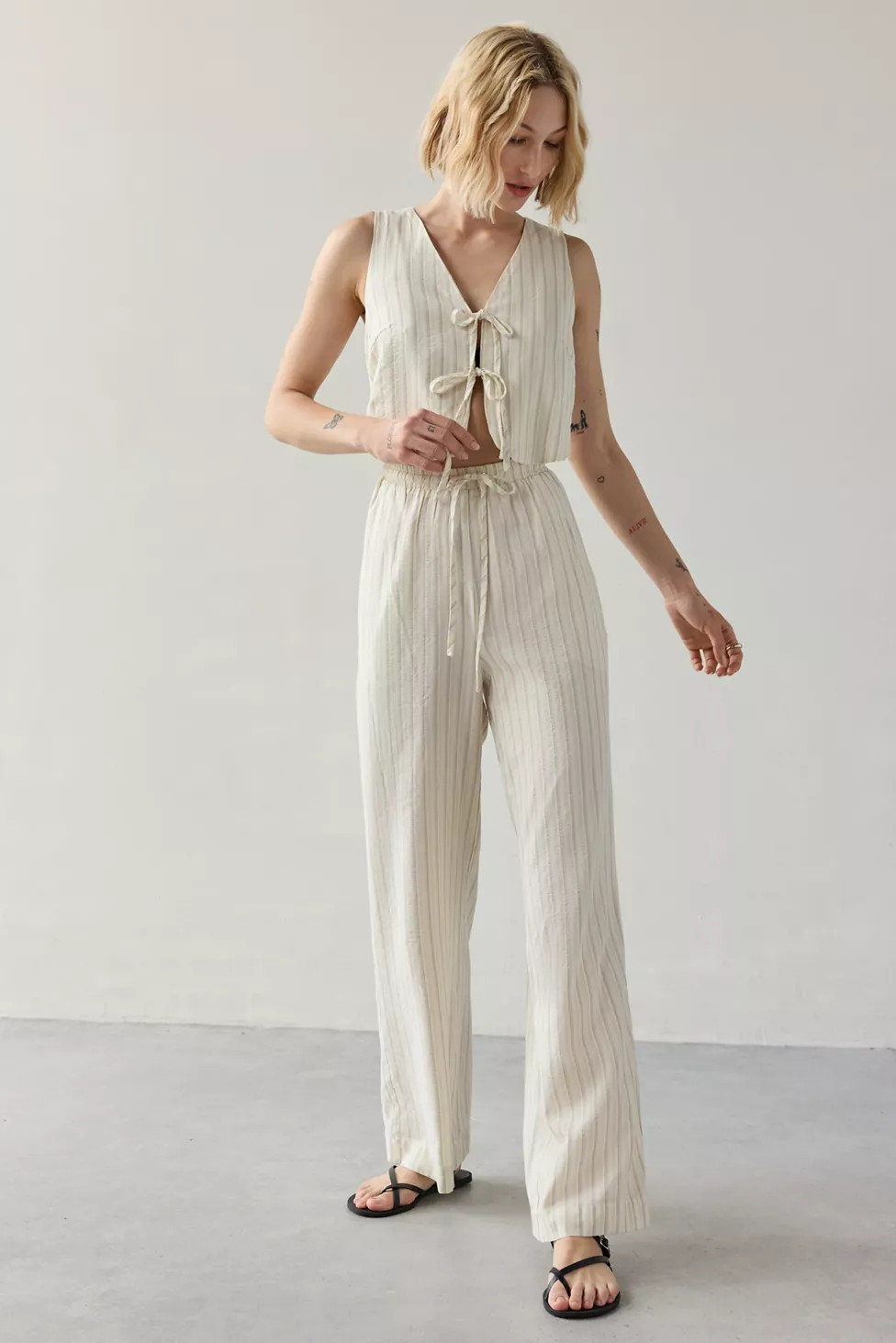 Another Girl Striped Cotton Tie-Front Jumpsuit | Urban Outfitters (US and RoW)